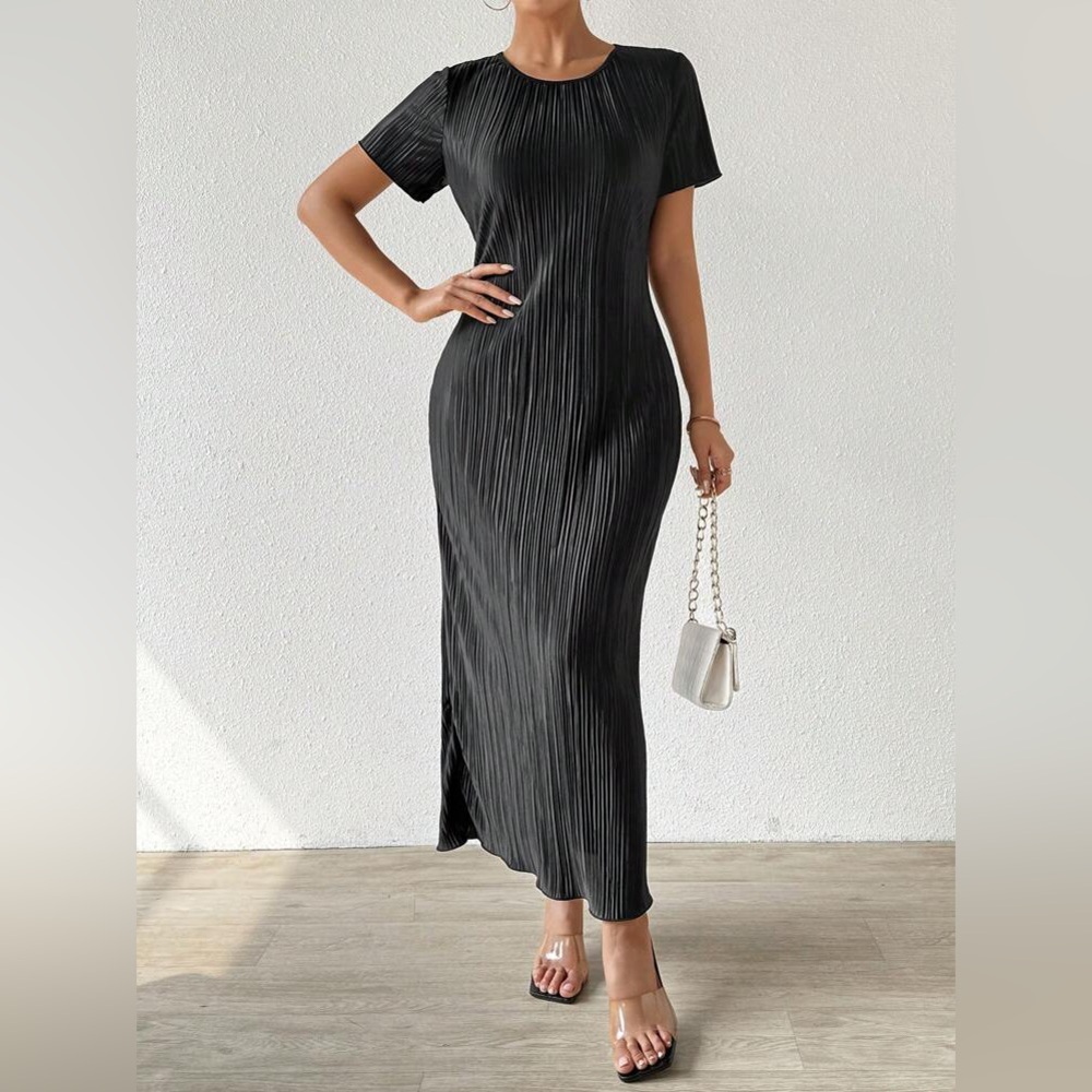 SHEIN pleated Crinkle short sleeve Slit maxi dress black size 3XL